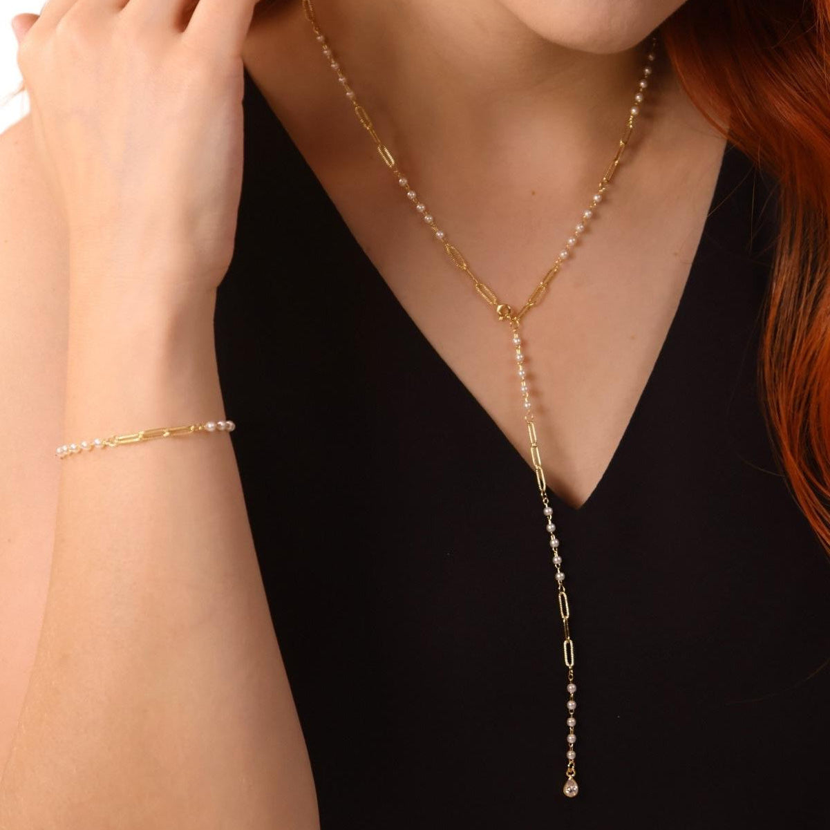 Diamond Cut Paperclip and Pearl Link 18k Gold Filled Drop Necklace