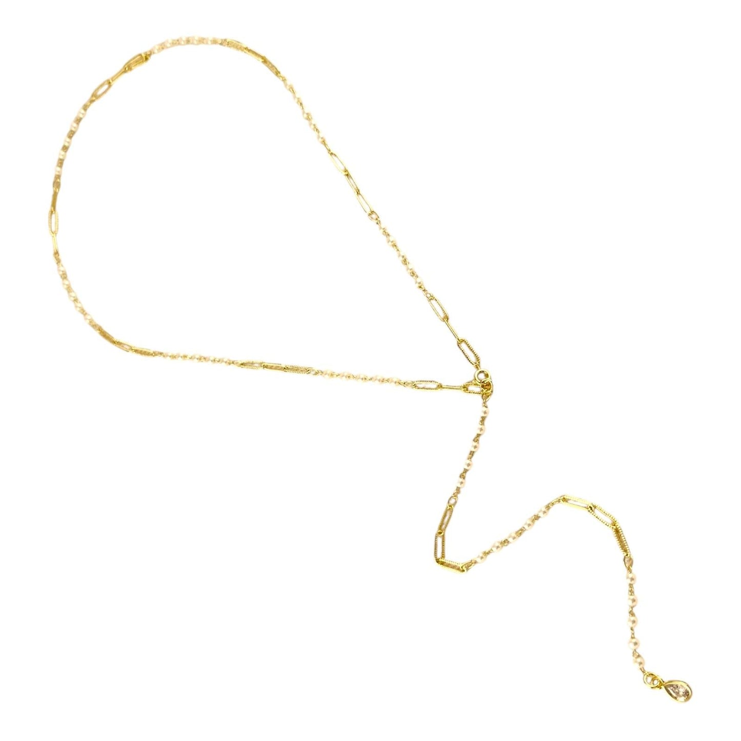 Diamond Cut Paperclip and Pearl Link 18k Gold Filled Drop Necklace