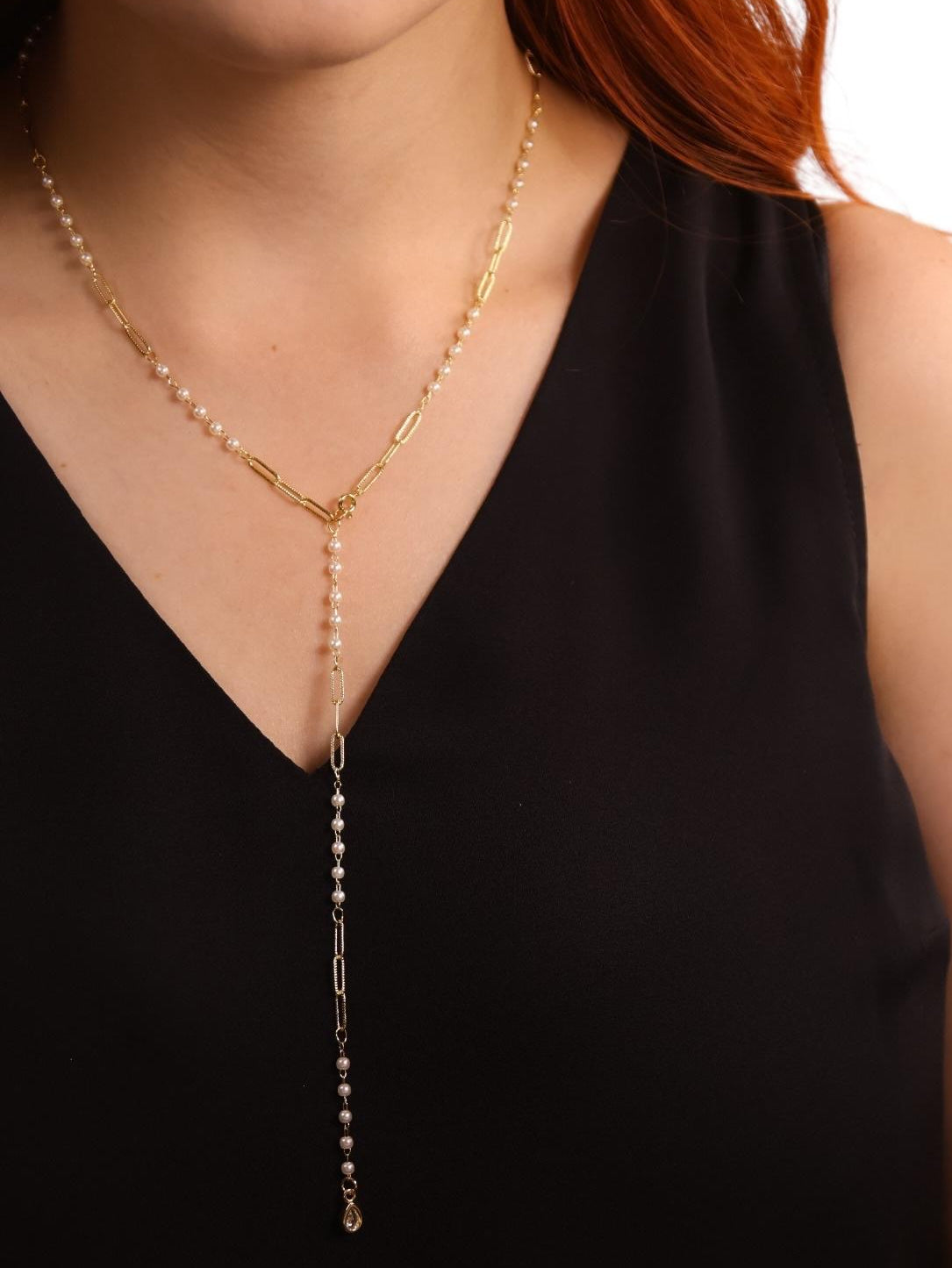 Diamond Cut Paperclip and Pearl Link 18k Gold Filled Drop Necklace