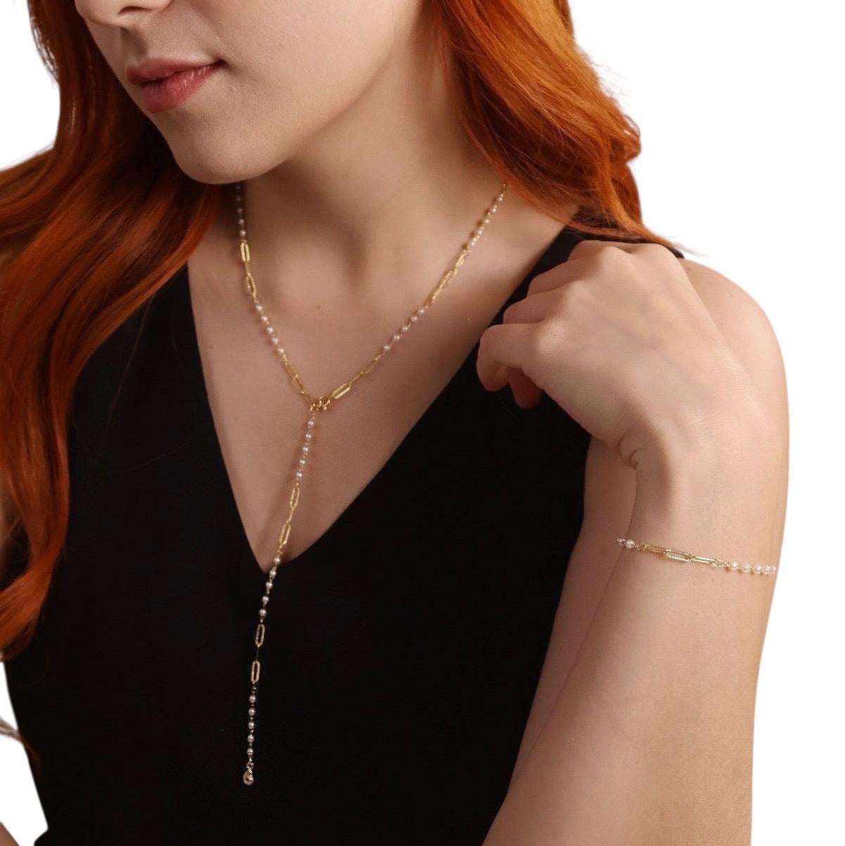 Diamond Cut Paperclip and Pearl Link 18k Gold Filled Drop Necklace