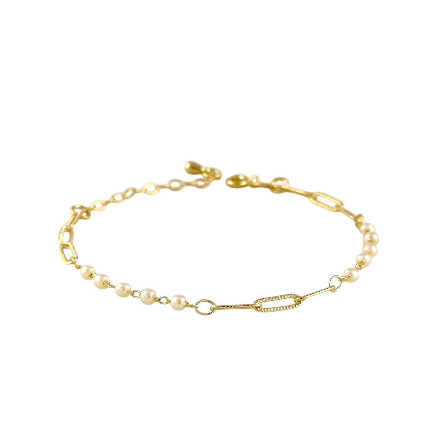 Diamond Cut Paperclip and Pearl Link 18k Gold Filled Bracelet