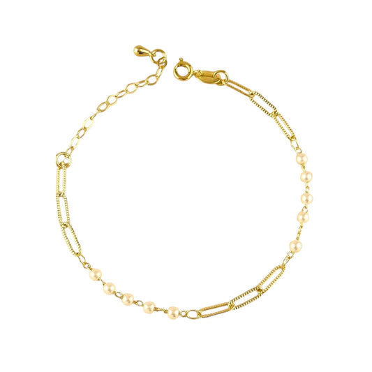 Diamond Cut Paperclip and Pearl Link 18k Gold Filled Bracelet