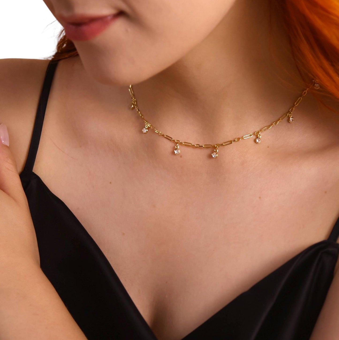 CZ Charms Paperclip Chain 18K Gold Filled Necklace