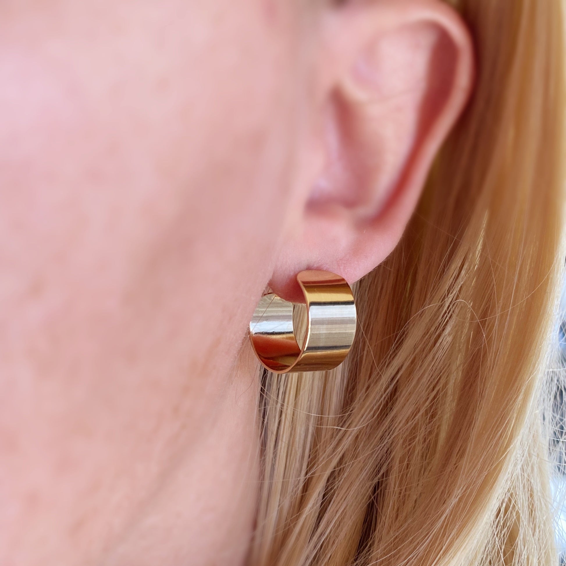 Wide Flat Open Hoop Earrings on Model