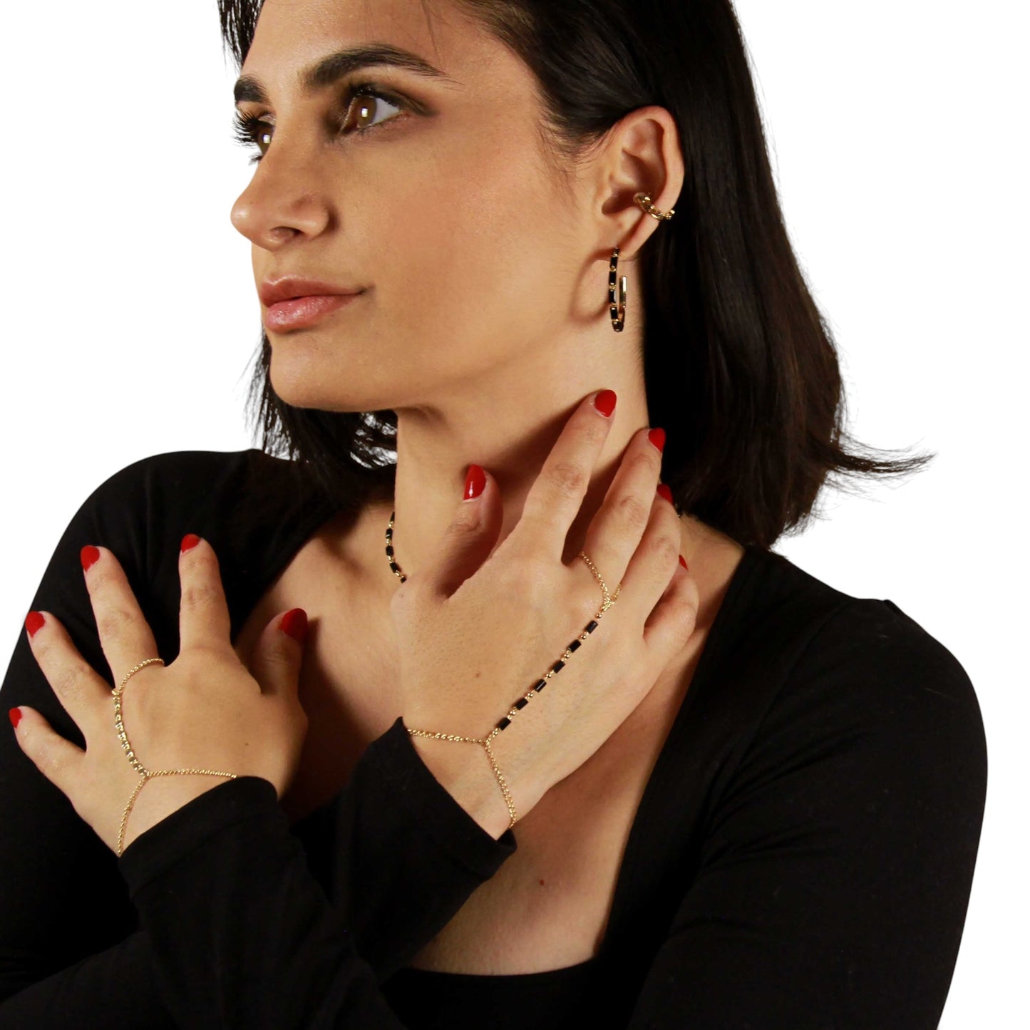 Black Crystal 18K Gold Filled Hand Chain Bracelet