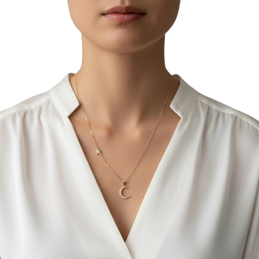 Woman wearing Crescent Moon & Star CZ Necklace