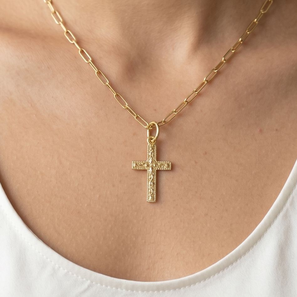 Woman wearing Vintage Engraved Cross Charm on necklace