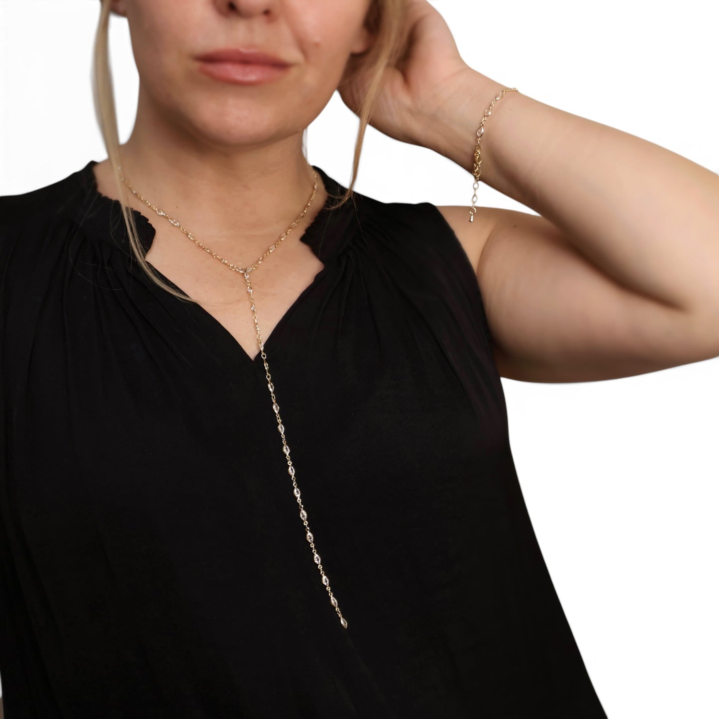 Ellipse Bezel CZ Lariat 18K Gold Filled Necklace