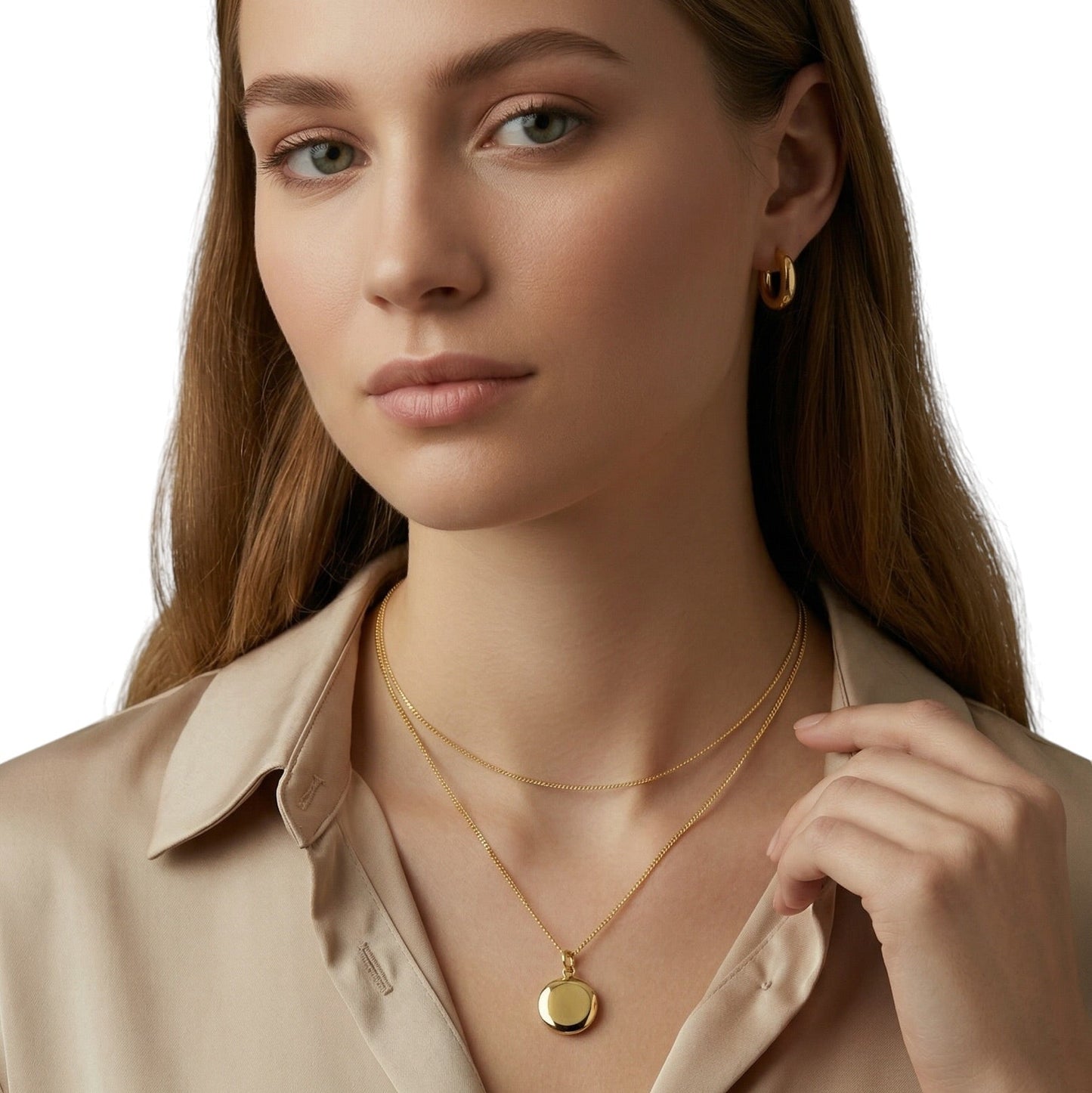 Woman wearing Round Locket Necklace