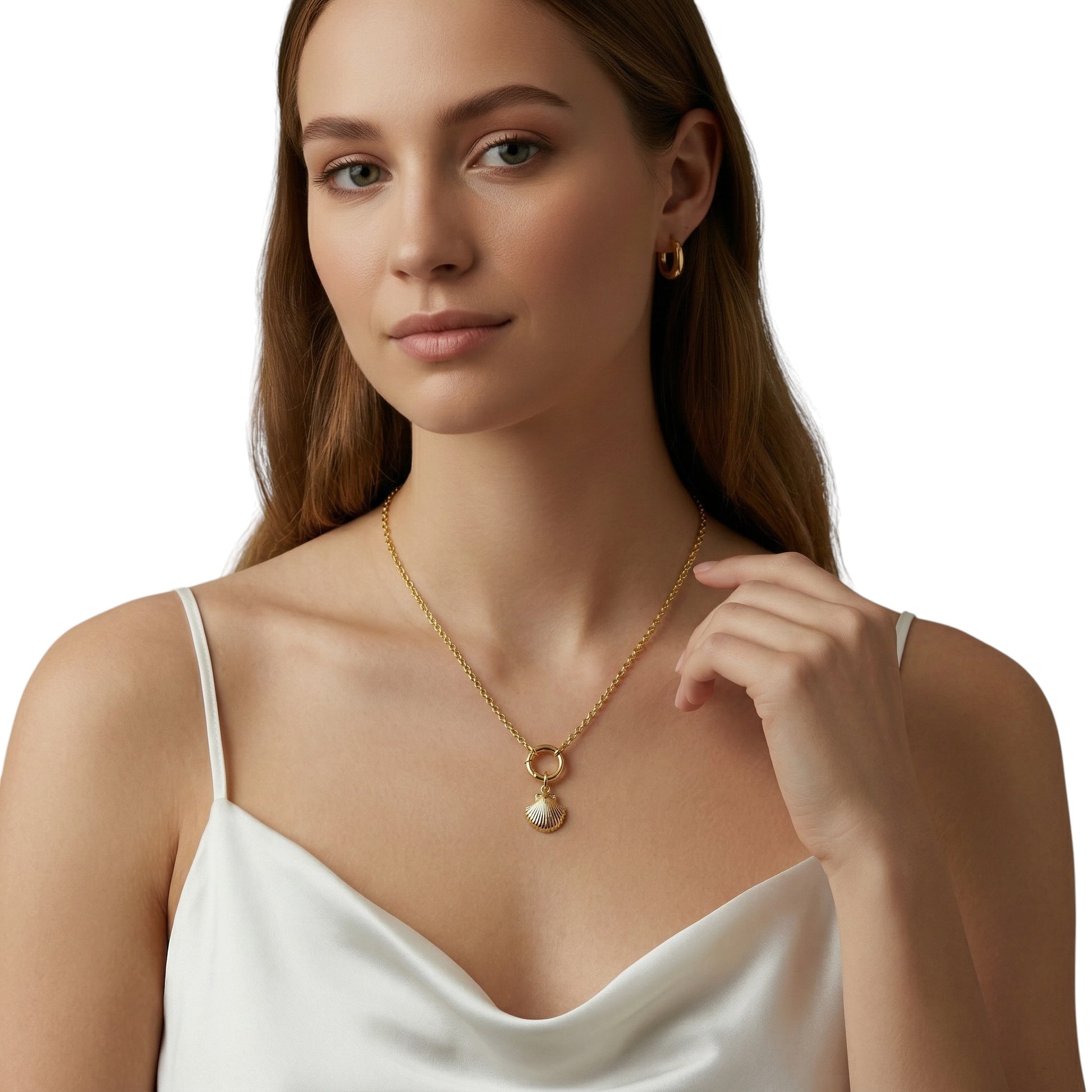 Woman wearing Scallop Shell with Pearl Charm on necklace