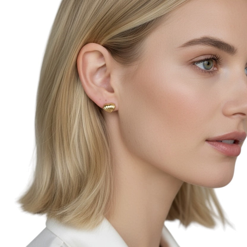 Woman wearing Scalloped Puffy Heart Stud Earrings