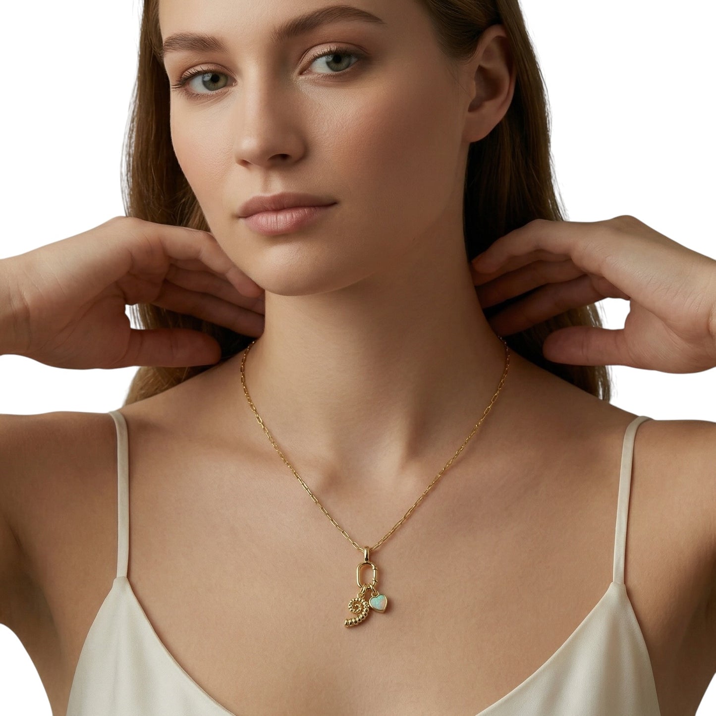 Woman wearing Sundial Shell Charm on necklace