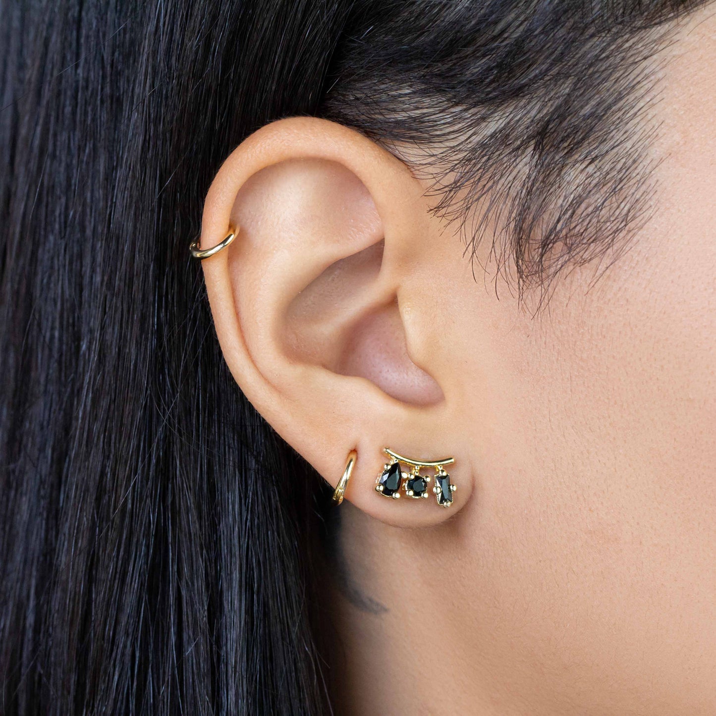 Three Shape Black CZ 11mm 18K Gold Filled Stud Earrings