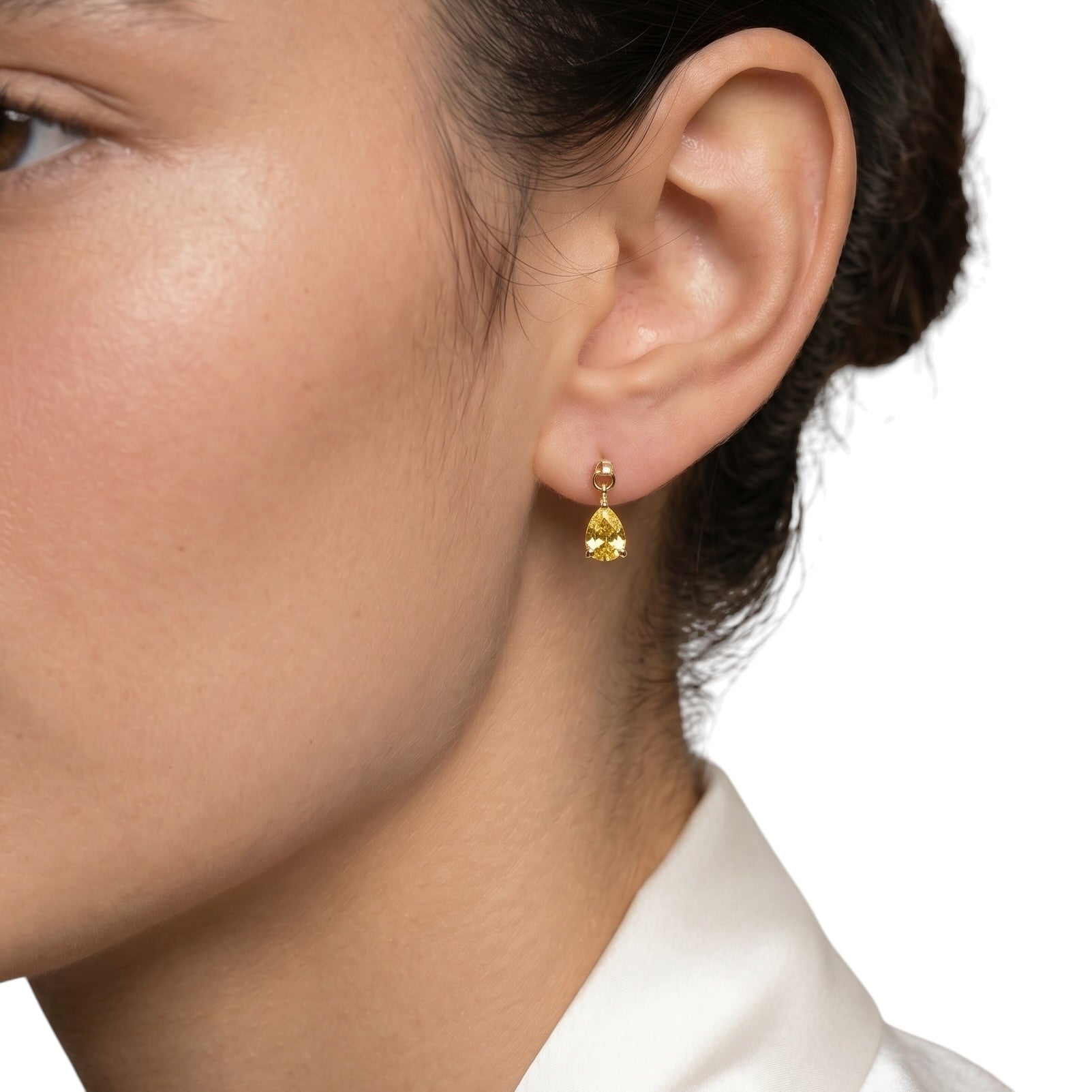 Yellow Teardrop CZ 18K Gold Filled Drop Earrings on Model