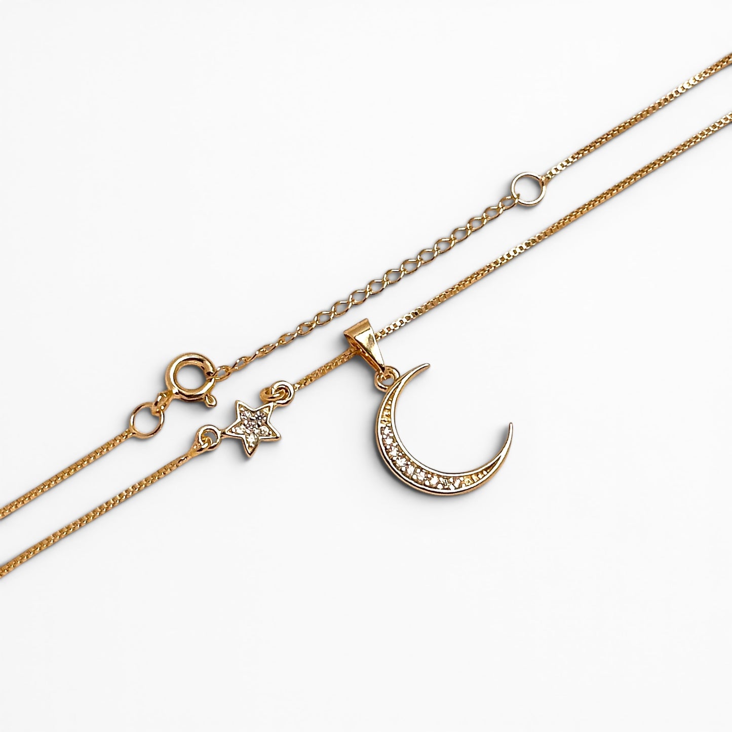 18K Gold Filled celestial necklace showing connected moon and star design
