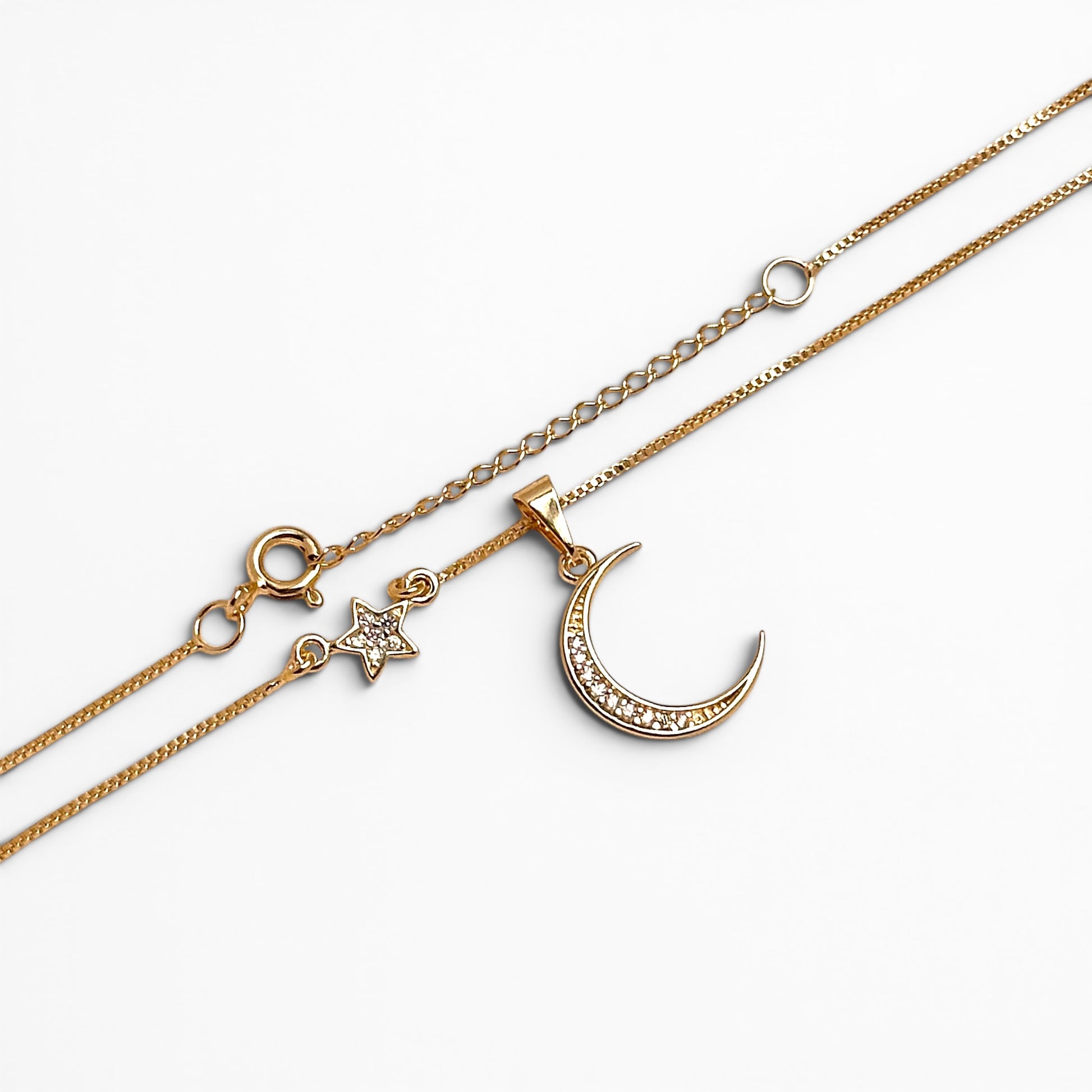 18K Gold Filled celestial necklace showing connected moon and star design