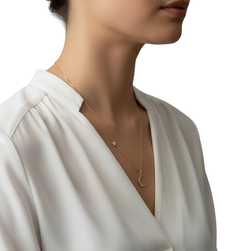 18K Gold Filled celestial necklace on model close-up