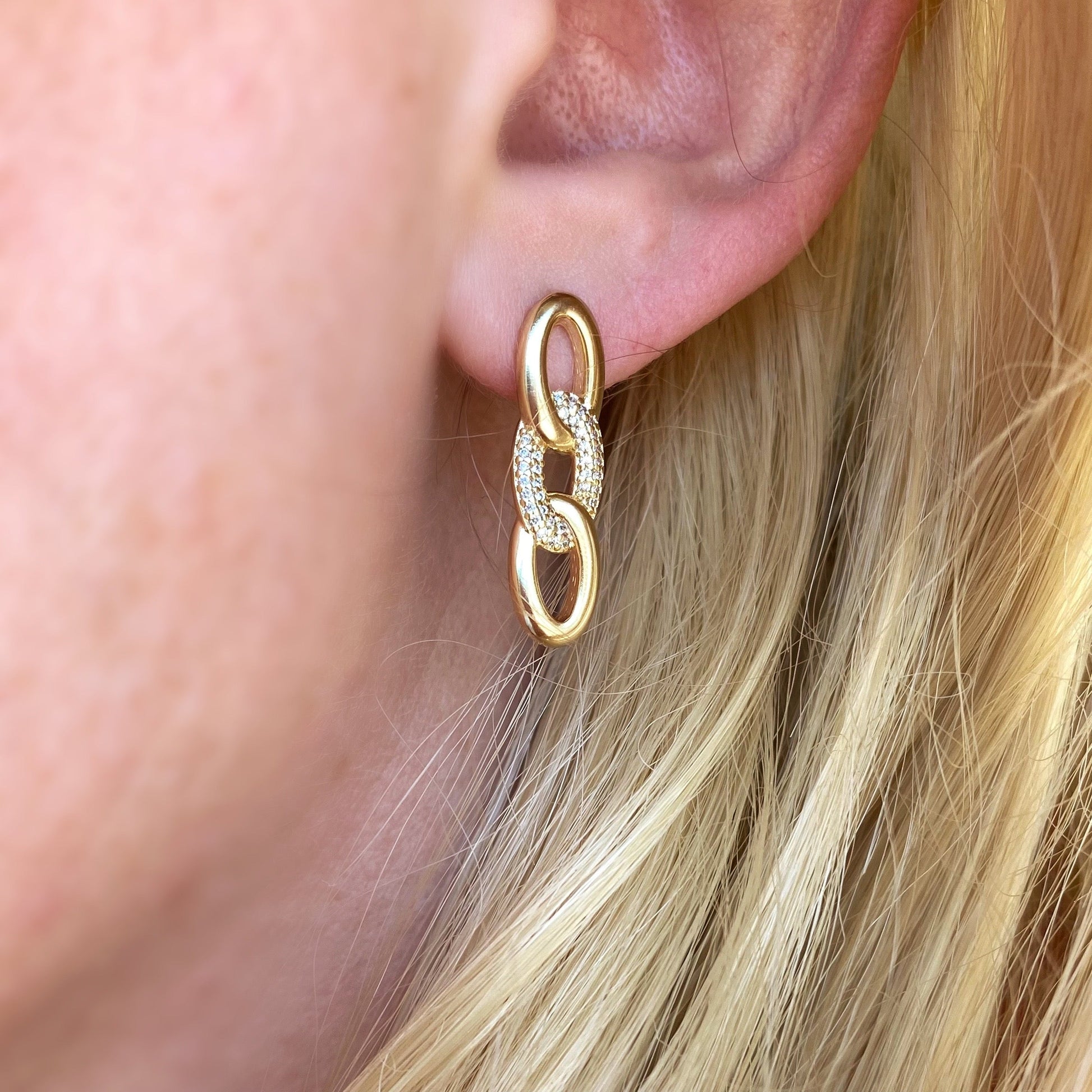 18K Gold Filled chain drop earrings on model