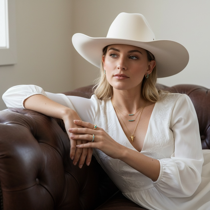 Woman wearing a white hat and dress sitting on a brown leather couch.