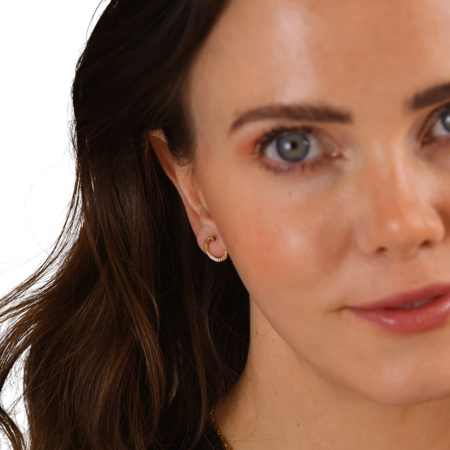 18K Gold Filled crescent earrings on model