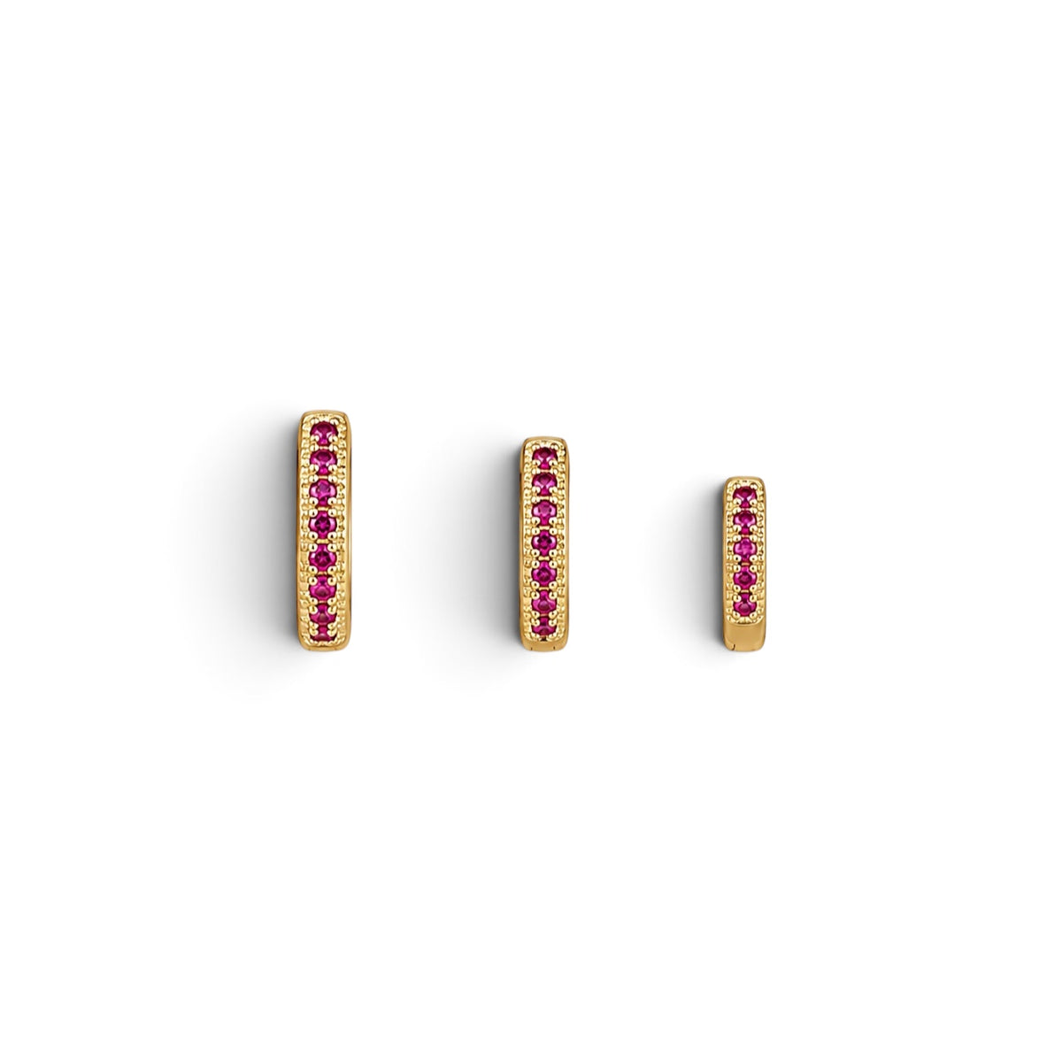 Fuchsia CZ Huggie Trio 18K Gold Filled Hoop Earrings