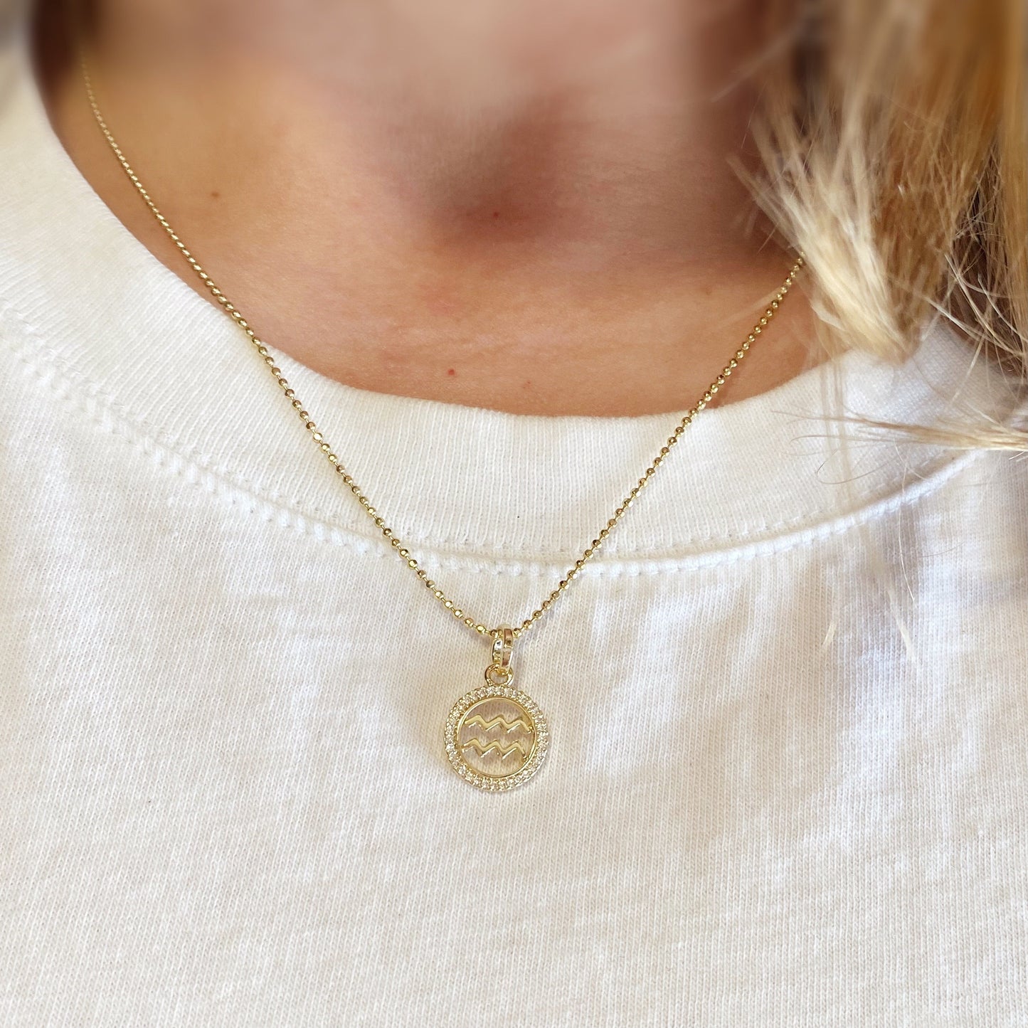 Aquarius Zodiac CZ 17mm 18K Gold Filled Pendant