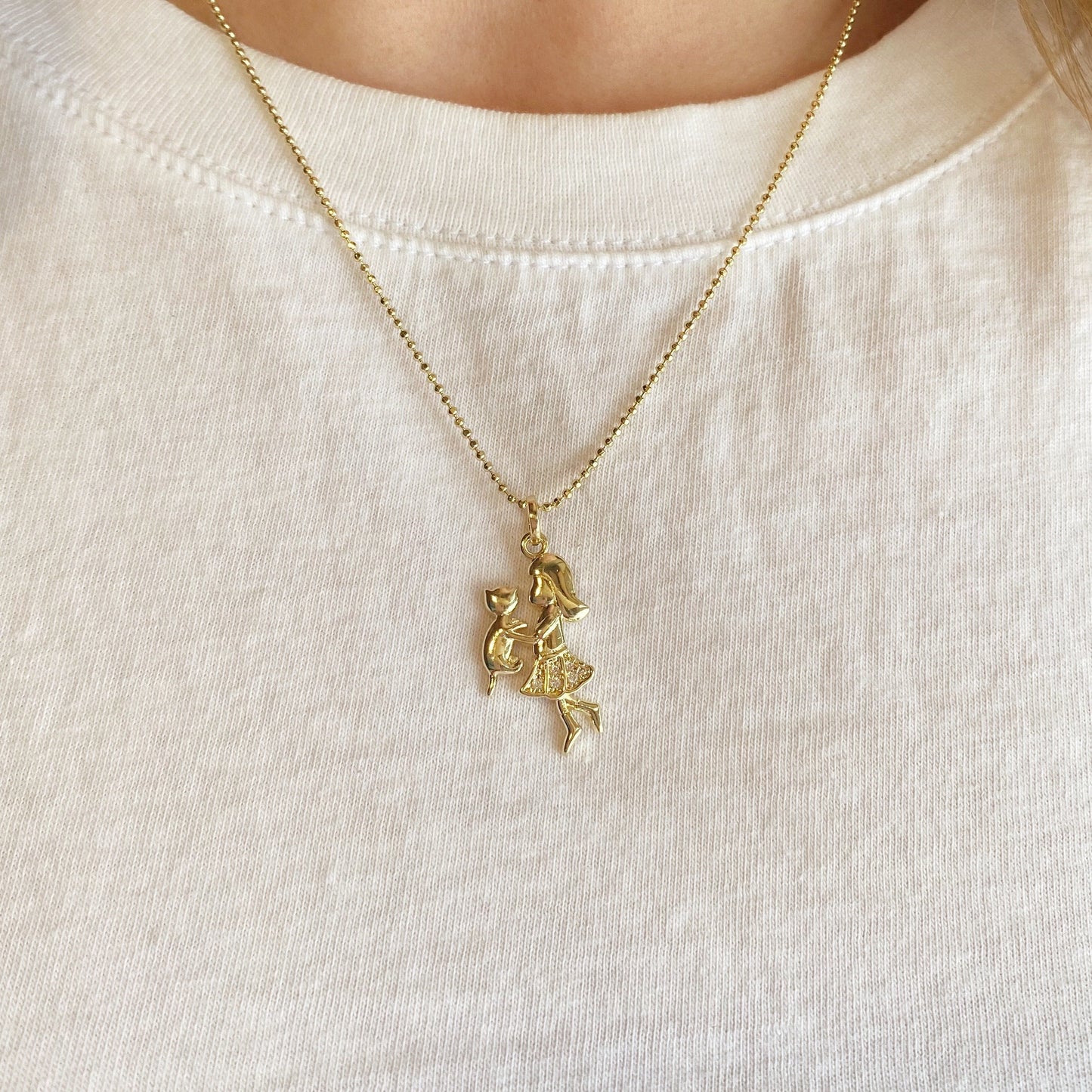 Girl & Kitty CZ 27mm 18K Gold Filled Pendant