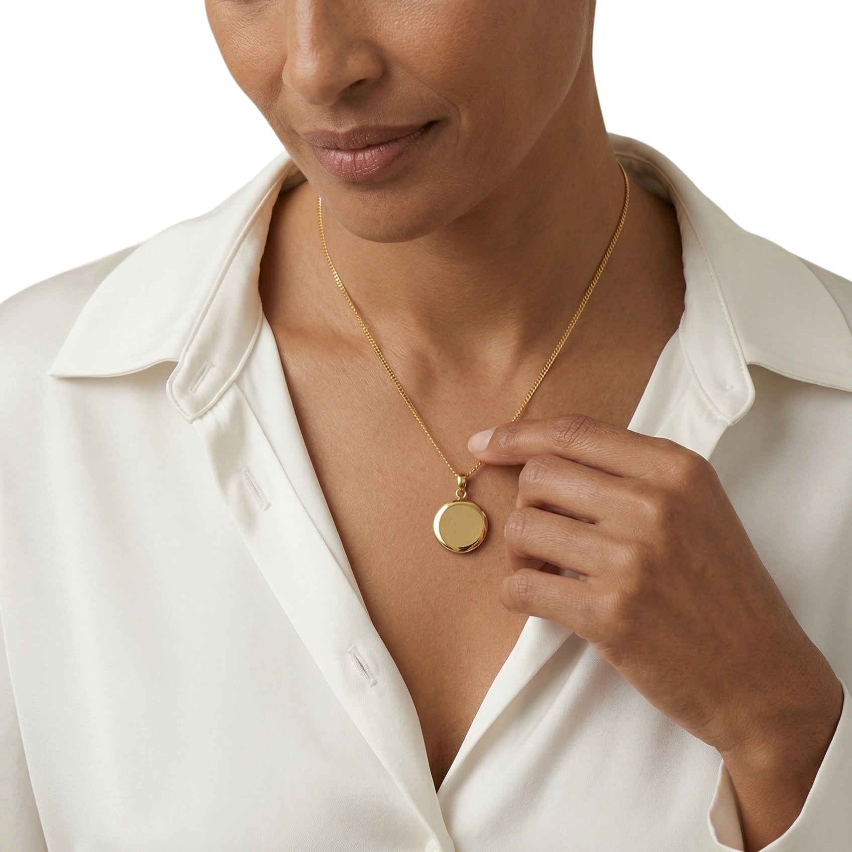 18K Gold Filled locket necklace on model close-up