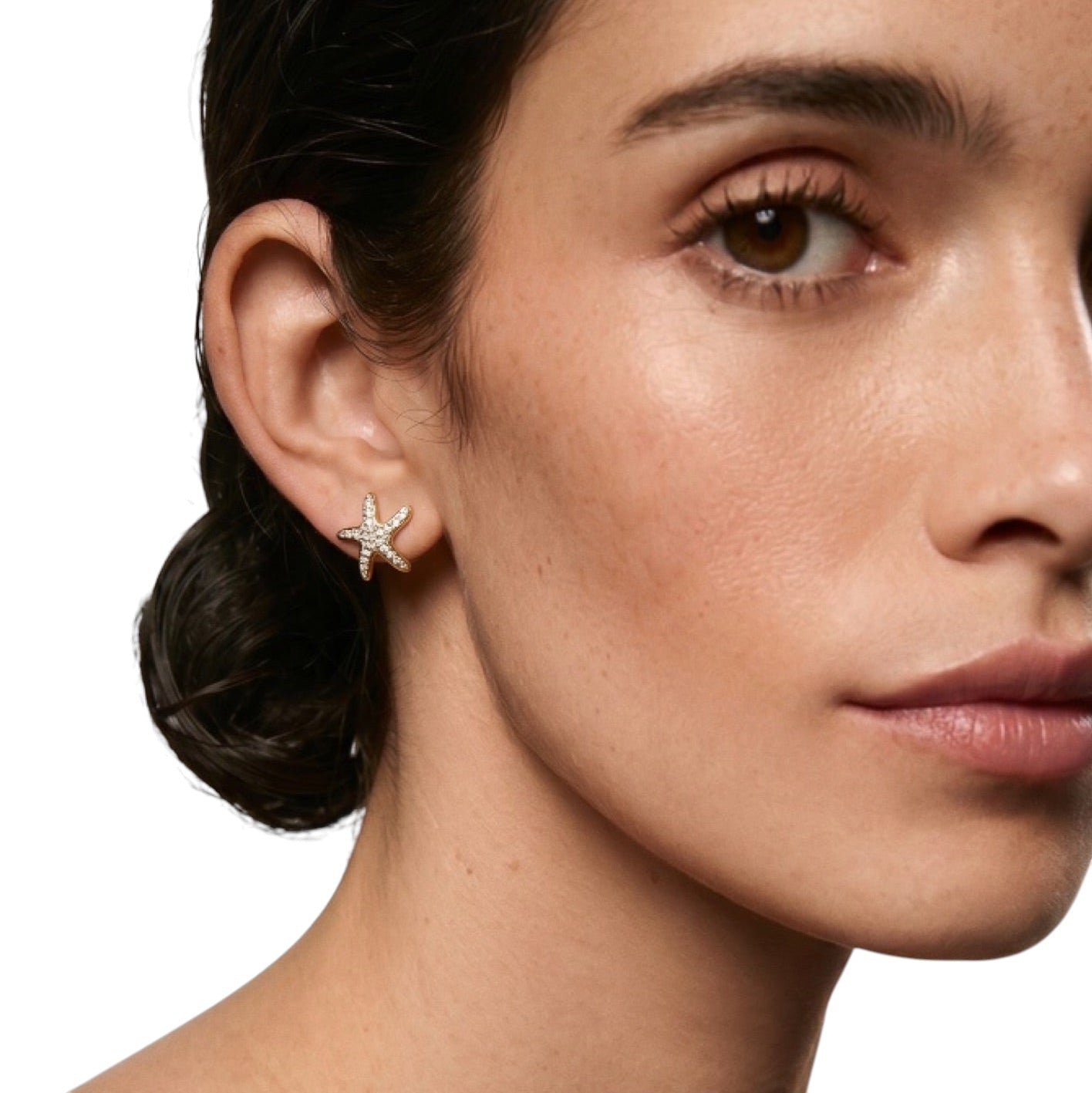 18K Gold Filled pavé sea star earrings on model