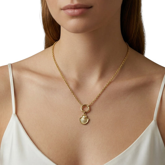 18K Gold Filled scallop charm with pearl on model