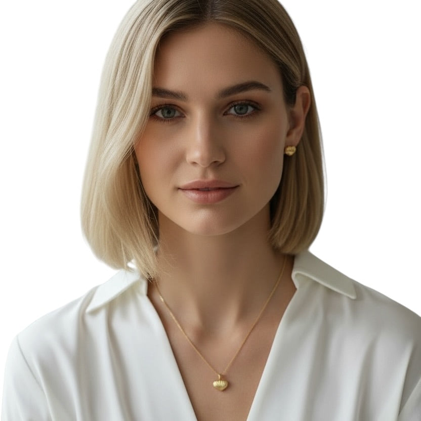 18K Gold Filled scalloped heart pendant necklace on model