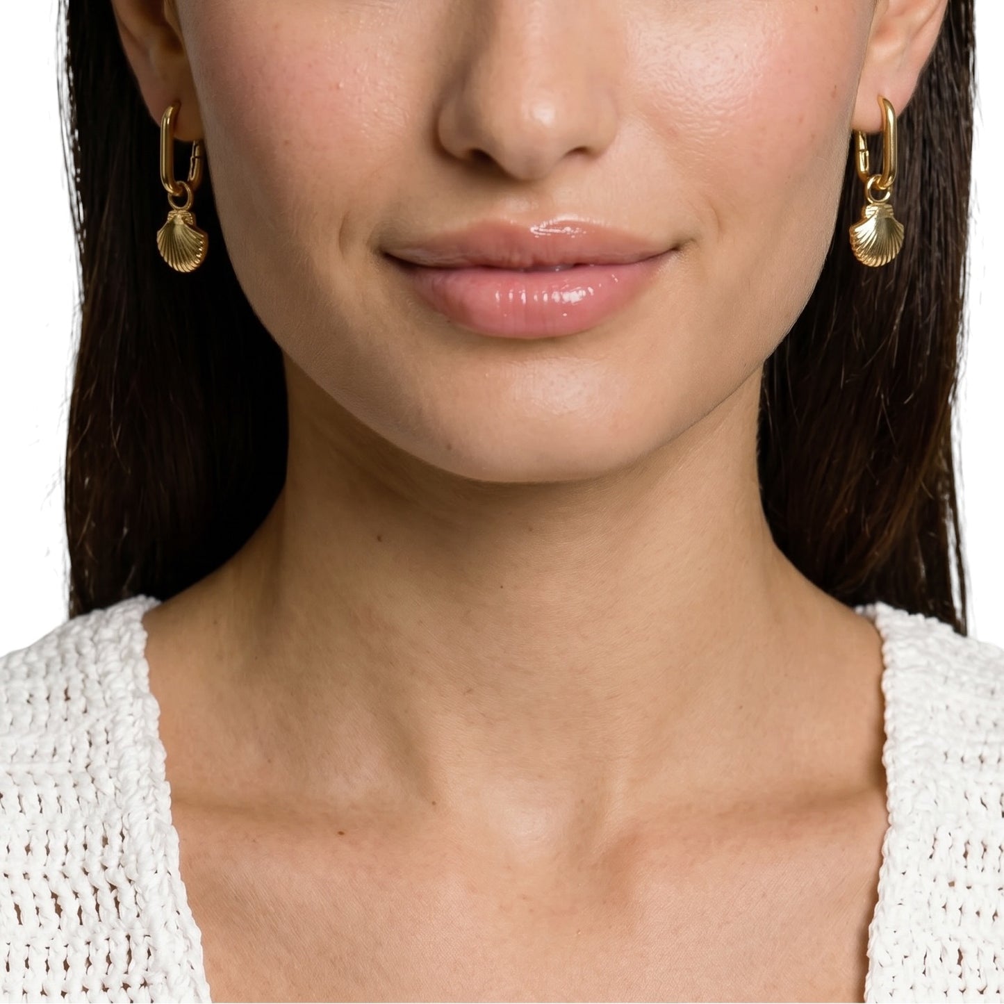 skillus 18K Gold Filled shell charm on carabiner earring on model